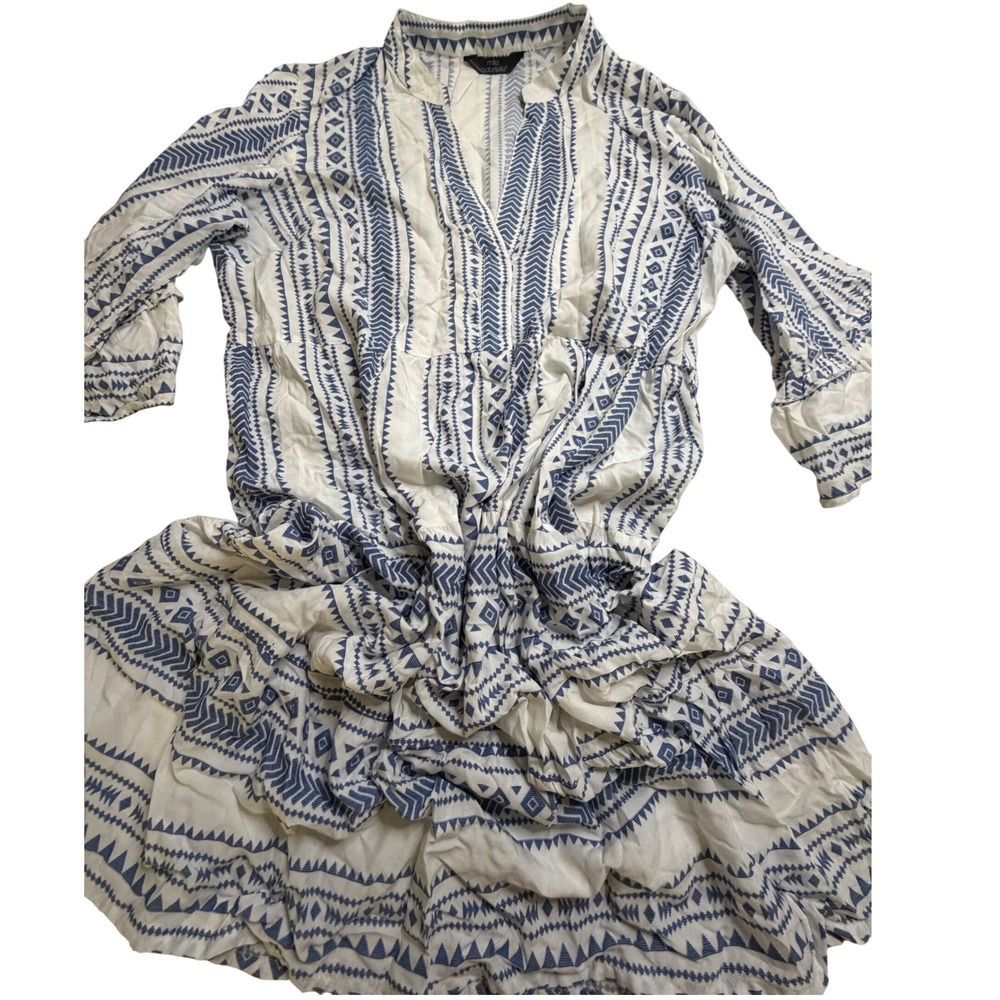 Mlle Gabrielle Women Blue White Geometric Tiered Babydoll Mini Dress Rayon L